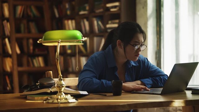 Asian student typing on laptop in a library, having problems with pc program