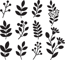 Fototapeta premium Set of simple silhouette botanical elements including leaves branches and flowers for organic graphic design and natural element creation.
