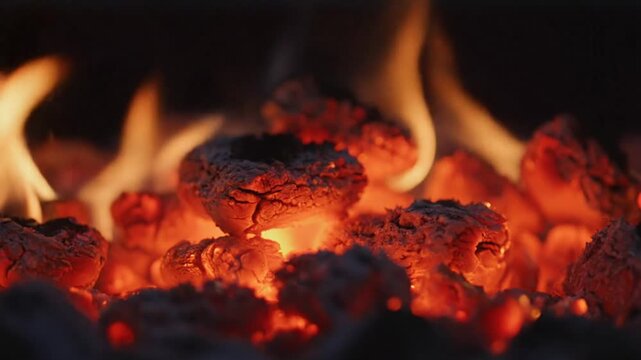 Close-up of glowing hot charcoal briquettes with flames in a barbecue grill, burning and ready to cook.
