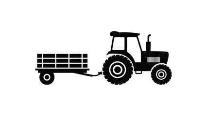 agricultural tractor with trailer silhouette farming transport vehicle black and white illustration isolated on clean background rural concept © VectAmaze