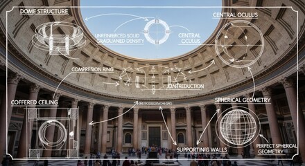 Obraz premium Educational architectural infographic of the Pantheon dome in Rome with technical diagram overlays