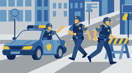Police officers and car in urban street scene with barrier, flat design © GraphWorks