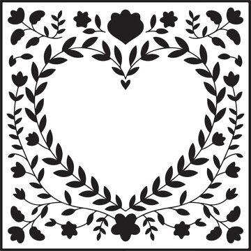 Folk art floral heart frame with leaves and flowers in symmetrical silhouette style for romantic valentines or wedding stationary.