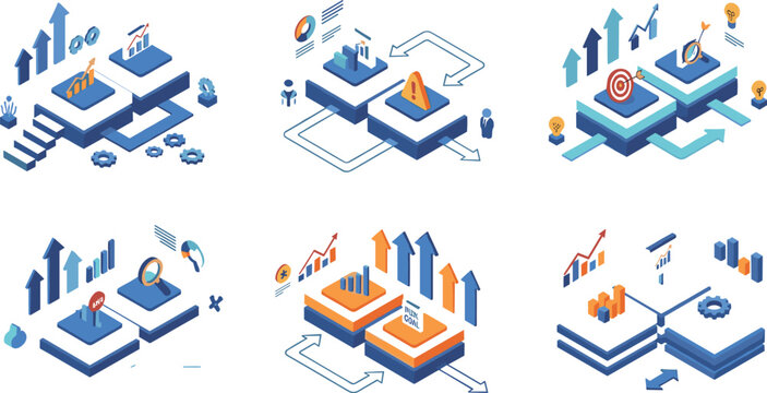 Isometric Business Analytics Illustration Set with Growth Charts, Data Flow, Financial Strategy, and Performance Monitoring Dashboard Concepts