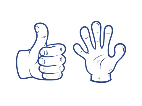 Minimal Cartoon Thumbs Up Hand and Hi-Five Gesture Approval Line Art Vector Illustration