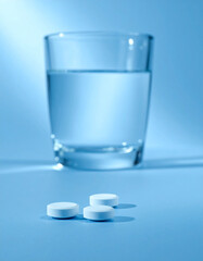 Three pills in foreground with a glass of water on blurred light blue background.