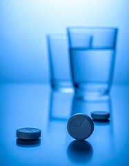 Three pills in the foreground with two glasses of water on a blurred blue background.