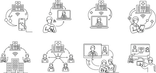 Fototapeta premium Telemedicine and Healthcare Line Illustration Set with Online Doctor Consultation, Hospital Network, Patient Communication, and Digital Medical Services