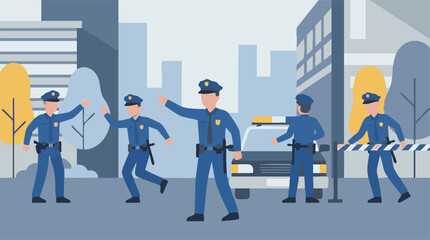 Police officers on duty in a city environment with patrol car and barrier © GraphWorks