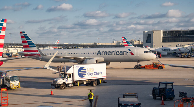 Los Angeles, California, USA - April 29, 2025: American airlines group plane departure in airport. Airport terminal. Plane arrival American airline. Departure and arrival at airport. American airline