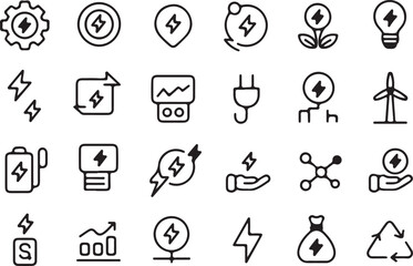 Fototapeta premium Energy and electricity icon set featuring power symbols for renewable resource management and electrical engineering infrastructure.