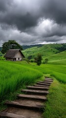 Fototapeta premium Close view of wooden stairs leading to a small house on a rice plantation in the mountains with blue sky and clouds above