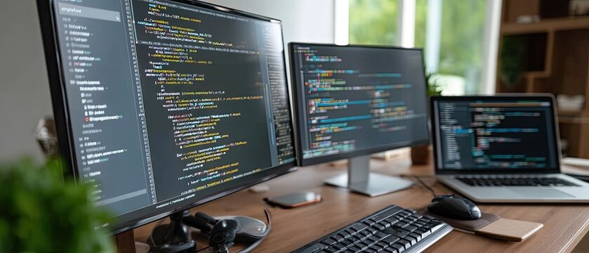 Monitors display lines of code in a coding environment with a blurred foreground showing a workspace for software development