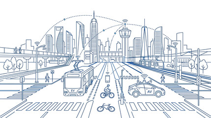 Modern smart city skyline with integrated transportation systems, urban traffic, and data network line art illustration. © naisa