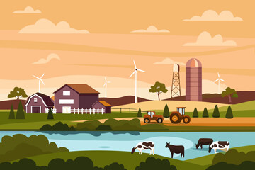 A colorful farm landscape with cows buildings and wind turbines © Tasnim