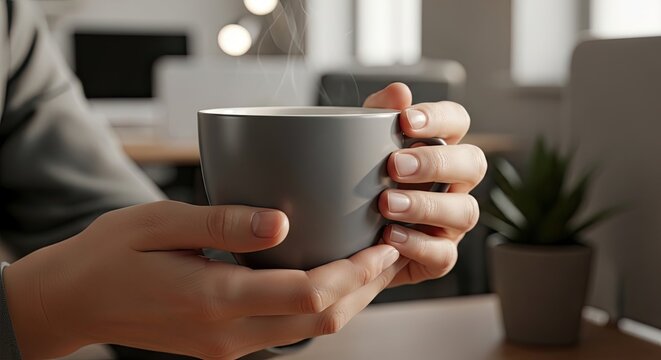 Close up of hands holding a warm cup of coffee in an office setting, promoting a sense of comfort and relaxation during the workday