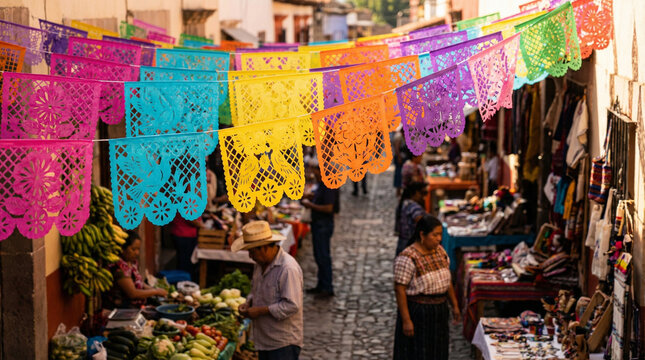 Colorful papel picado decorations in street market celebrating Cinco de Mayo  