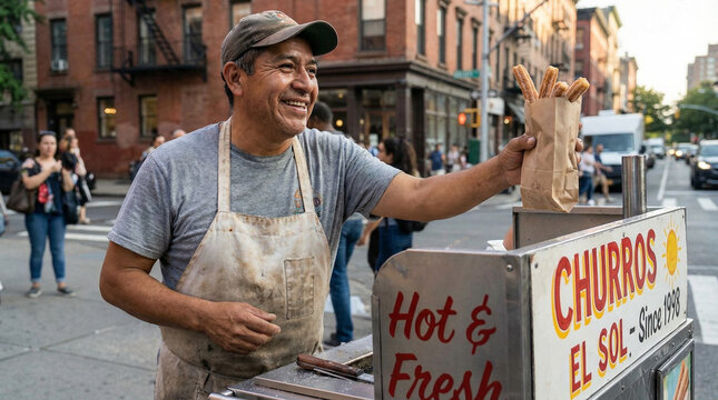 Street vendor selling churros with a smile in urban setting for Cinco de Mayo  