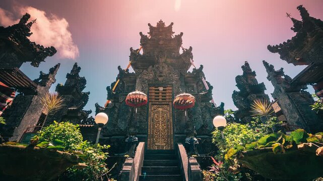 4K Timelapse. Clouds in Pura Ulun Danu Batur temple.