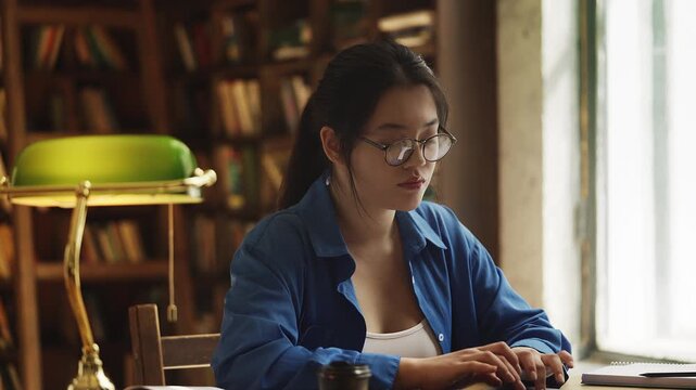 Young Asian woman in eyeglasses working on laptop in a library, doing research