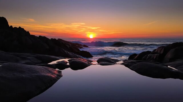 Tranquil coastal sunset with golden sunlight reflecting in a tide pool and rolling ocean waves