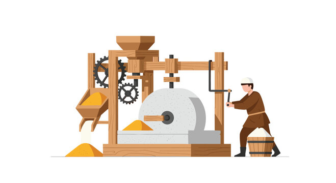 A man operates a wooden grain mill by turning a crank, with grain flowing into a hopper and flour collecting in a bucket.