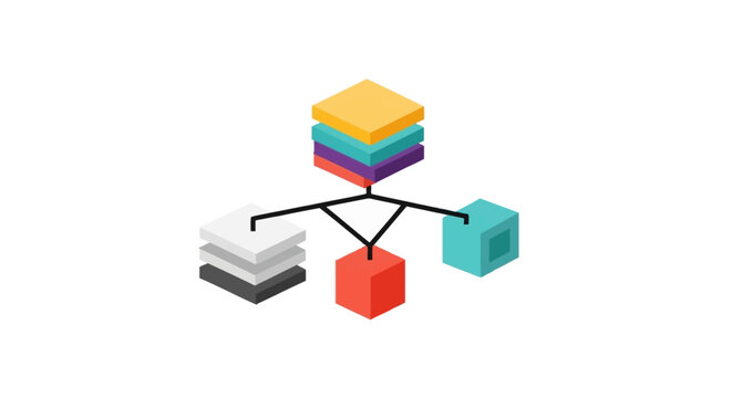 Isometric Illustration of a Data Network Hub Connecting Various Storage and Server Units for Information Distribution