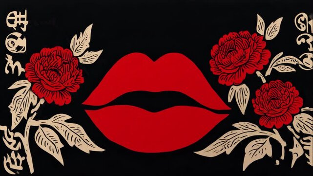 A bold composition featuring oversized red lips centered among red peony blossoms and pale leaves set against a deep black background.