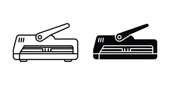 Two different styles of paper laminators illustrated in black and white contrast