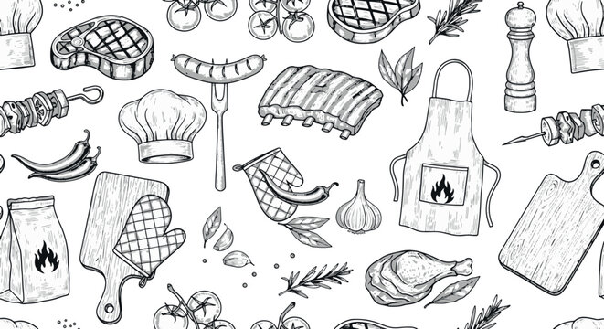 Barbecue and kitchen cooking items featuring steak sausages chef hats and grilling tools in a hand drawn vector illustration