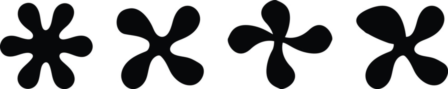 Black and white illustration of four abstract shapes resembling stylized flowers or chromosomes