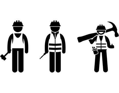 Three stick figures depicting construction workers or handymen with various tools and safety gear, illustrating different roles in manual labor.