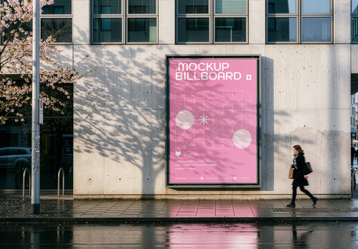 Street Billboard Mockup on Concrete Wall, Urban Poster Frame Mockup, Outdoor Display Template