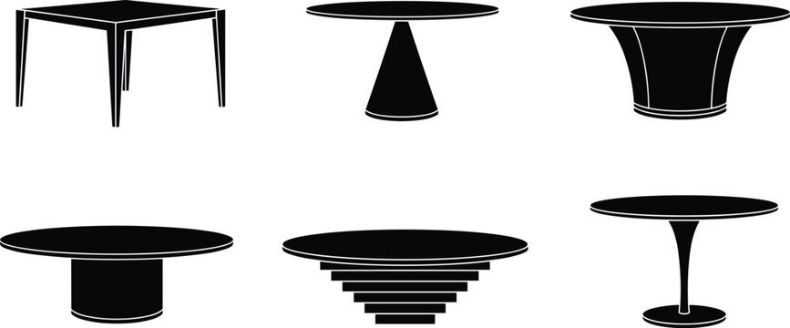 Minimalist table silhouettes, modern furniture design, black and white illustration, round and square tables, interior decor, stock vector art
