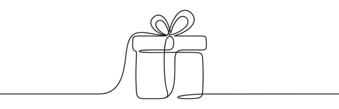 Simple black continuous line drawing of a gift box with a bow on top, presented in a minimalist style