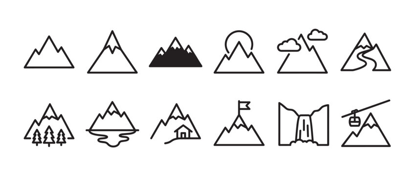 Collection of twelve diverse mountain line icons, including peaks, sun, clouds, trees, river, house, flag, waterfall, and cable car, presented in a clean, minimalist style