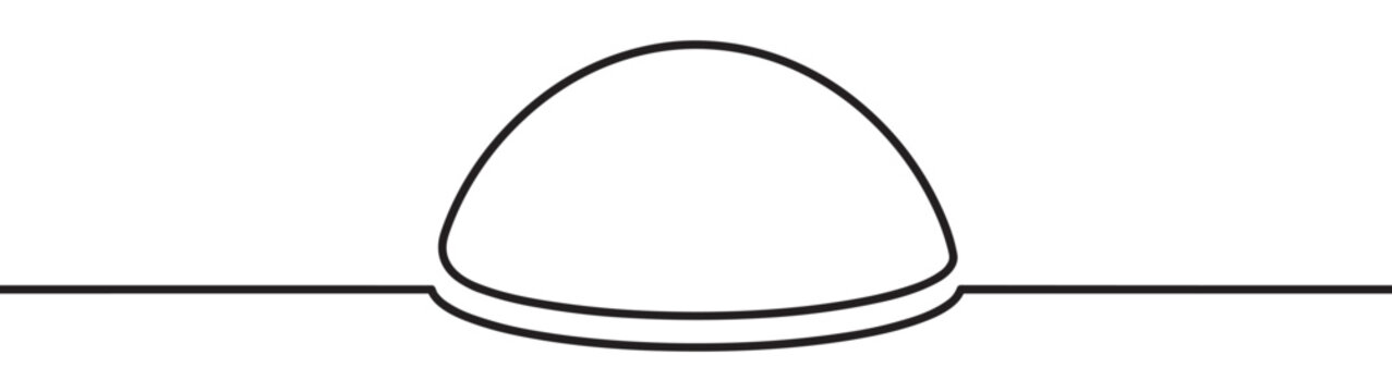 Simple black line drawing of a half-sphere shape emerging from a flat horizontal line, creating a minimalist graphic design element
