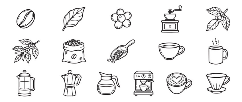 This collection of black outline coffee icons illustrates various elements from bean to brewed beverage