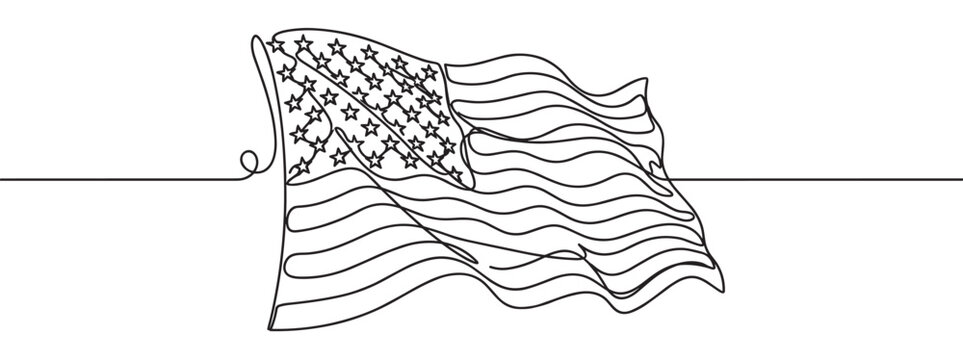 Continuous single line drawing of the American flag waving, showcasing its stars and stripes in a minimalist style