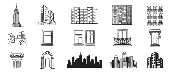 Fototapeta premium Collection of various hand-drawn architectural elements and cityscapes in a clean, graphic black and white line art style