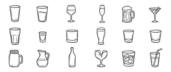 Collection of various hand-drawn beverage glasses and containers, including a broken glass, in a simple line art style