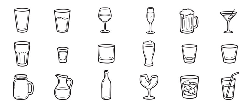Collection of various hand-drawn beverage glasses and containers, including a broken glass, in a simple line art style