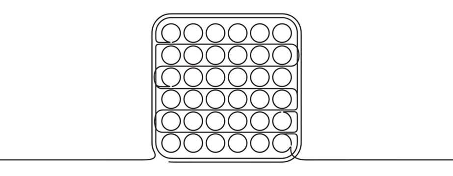 Black outline drawing of a rectangular pop-it fidget toy with many circular bubbles, rendered in a continuous line art style
