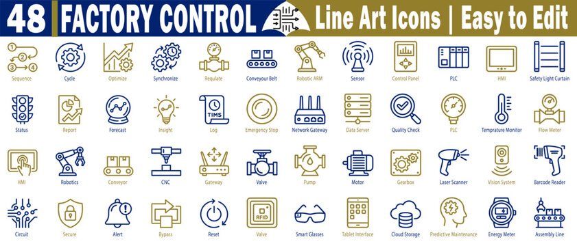 Factory Control liner Icons. Collection of sequencer cycle control, synchronize, acquire conveyor belt, robotic arm sensor control panel plc hmi safety light curtain status. vector illustration.