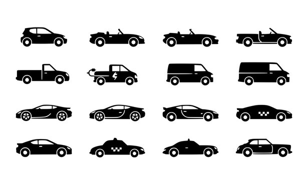 Black Car Silhouette Icons Set Auto Vehicle Transportation Vector Symbols