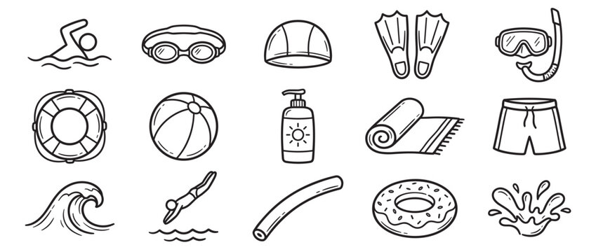 Collection of hand-drawn swimming and beach-related icons, including a swimmer, goggles, a swim cap, fins, a snorkel, a lifebuoy, a beach ball, sunscreen, a rolled towel, swim shorts, a