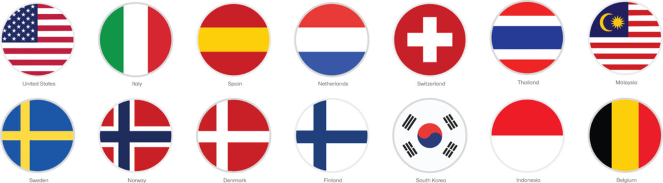 14 round country flags icon set on Transperant background, with and without names on vector illustration, international flag collection flat design symbols for modern UI, web and app design