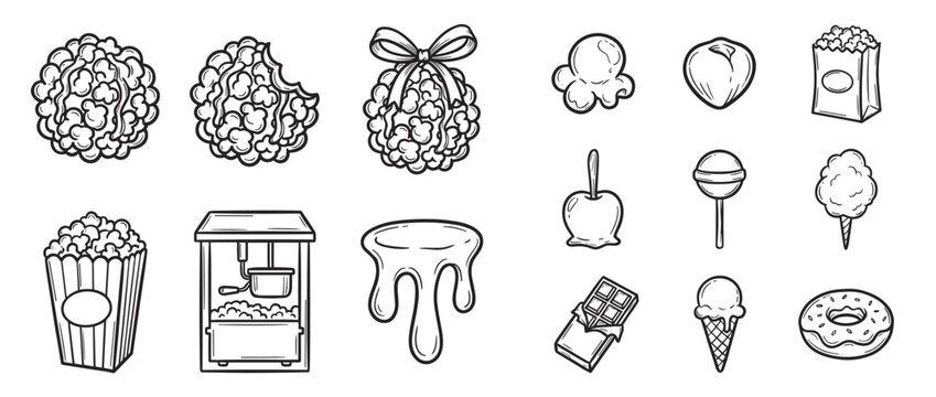 Collection of hand-drawn black and white carnival food illustrations, including popcorn, candy apples, and ice cream