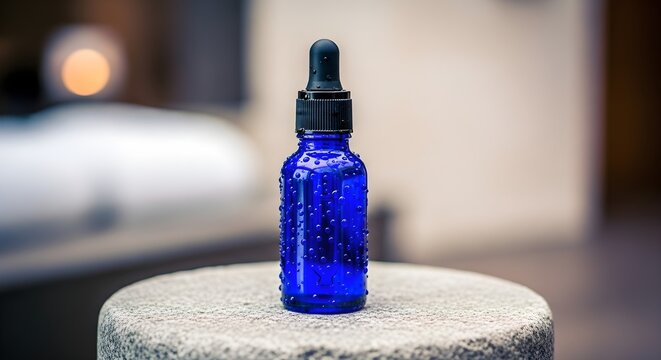 A vibrant cobalt blue glass dropper bottle, meticulously adorned with glistening water droplets, stands elegantly on a textured surface, showcasing its pristine condition and readiness for holding ess