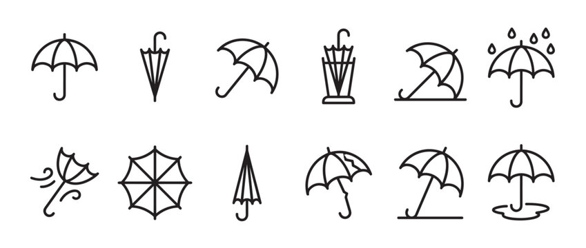 Collection of black outline umbrella icons depicting various states and weather conditions, presented in a clean, modern style